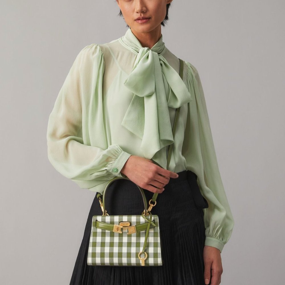 NWT Tory Burch Lee Radziwill Petite Bag Gingham Crossbody in Leccio - Picture 3 of 11
